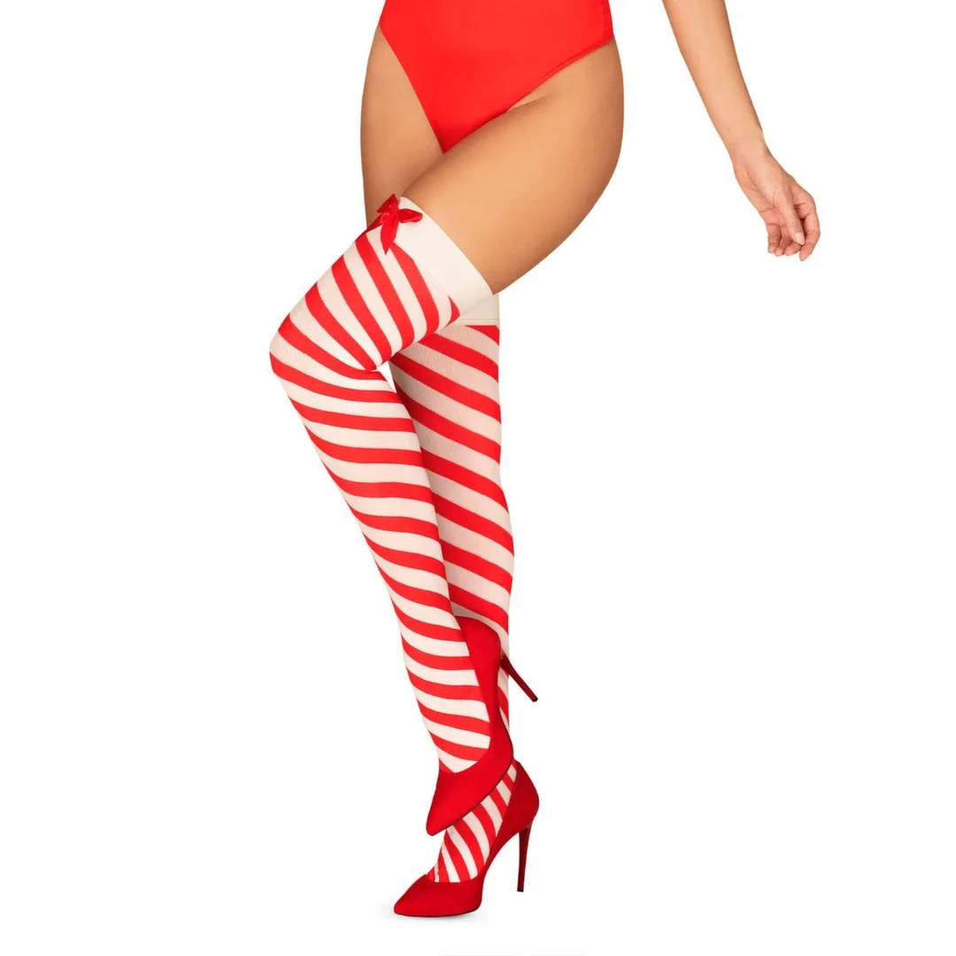 Obsessive Kissmas Pończochy L/XL Czerwono-Białe Paski Multistretch