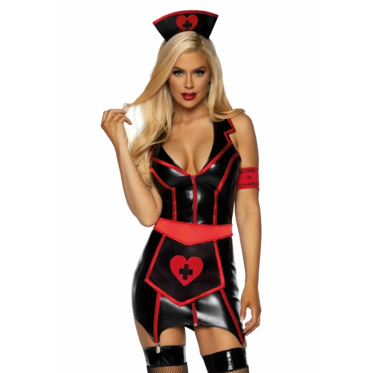 Leg Avenue Vinyl Nurse Kostium 4-częściowy, zamek, czarny M/L
