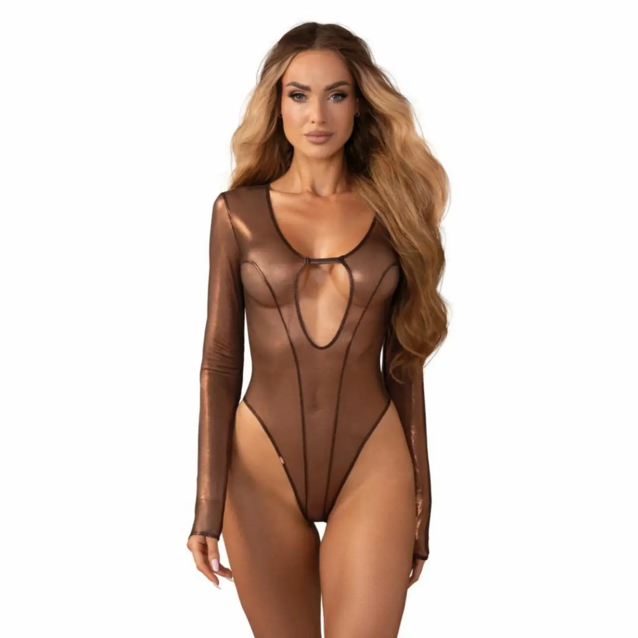 Obsessive Soranna Body z Długim Rękawem Prześwitujący Brązowy S/M