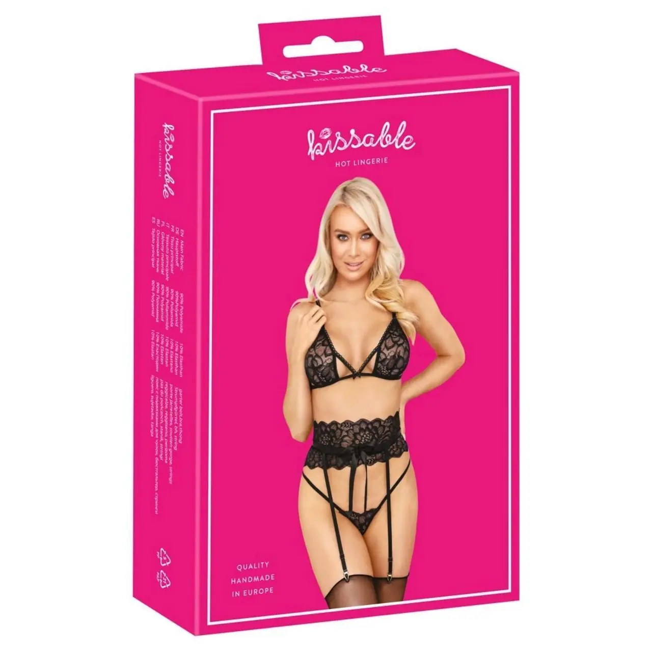 Kissable komplet bielizny z koronką i pasem do pończoch S/M czarny