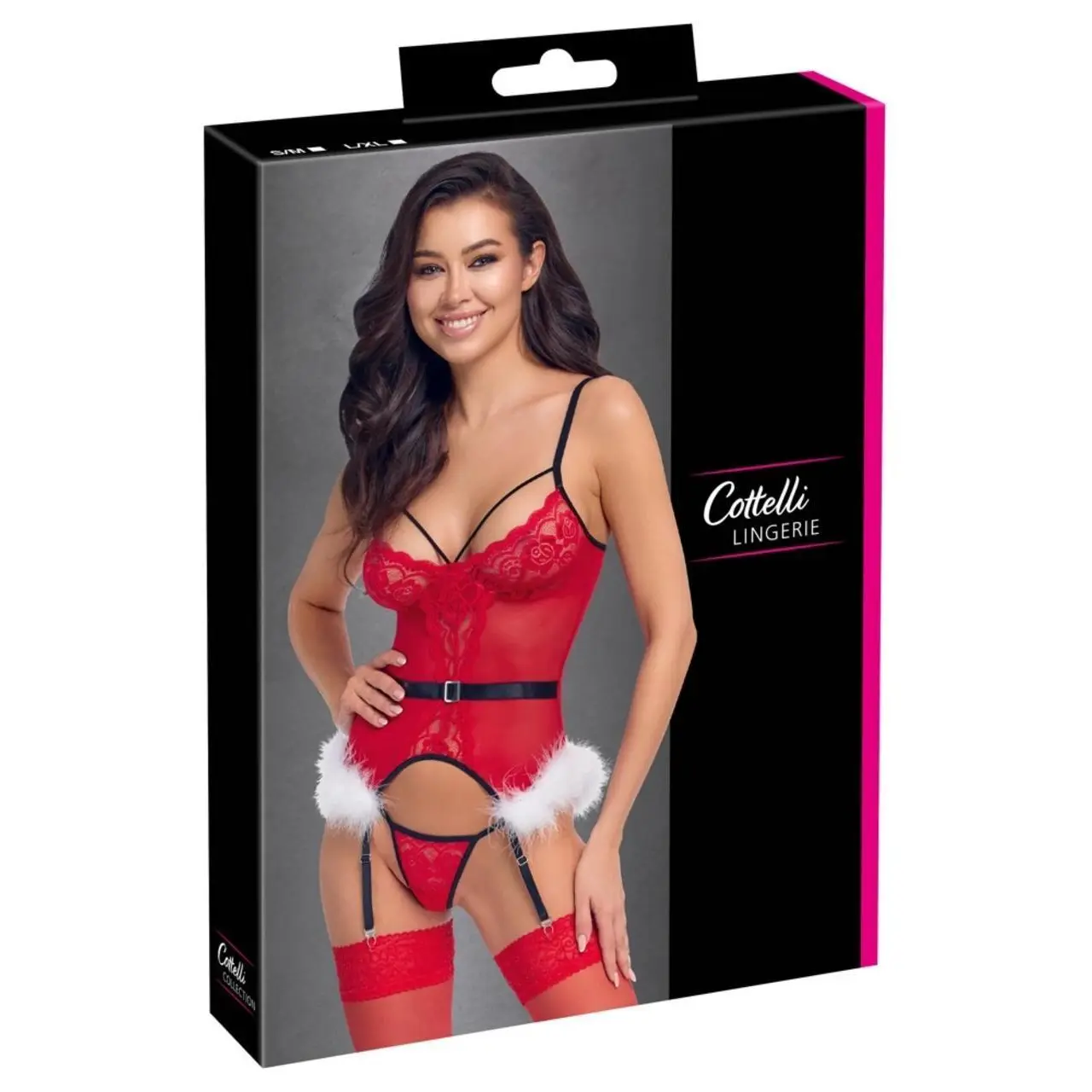 Cottelli Lingerie X-Mas Basque - czerwony komplet z koronką i piorami S/M