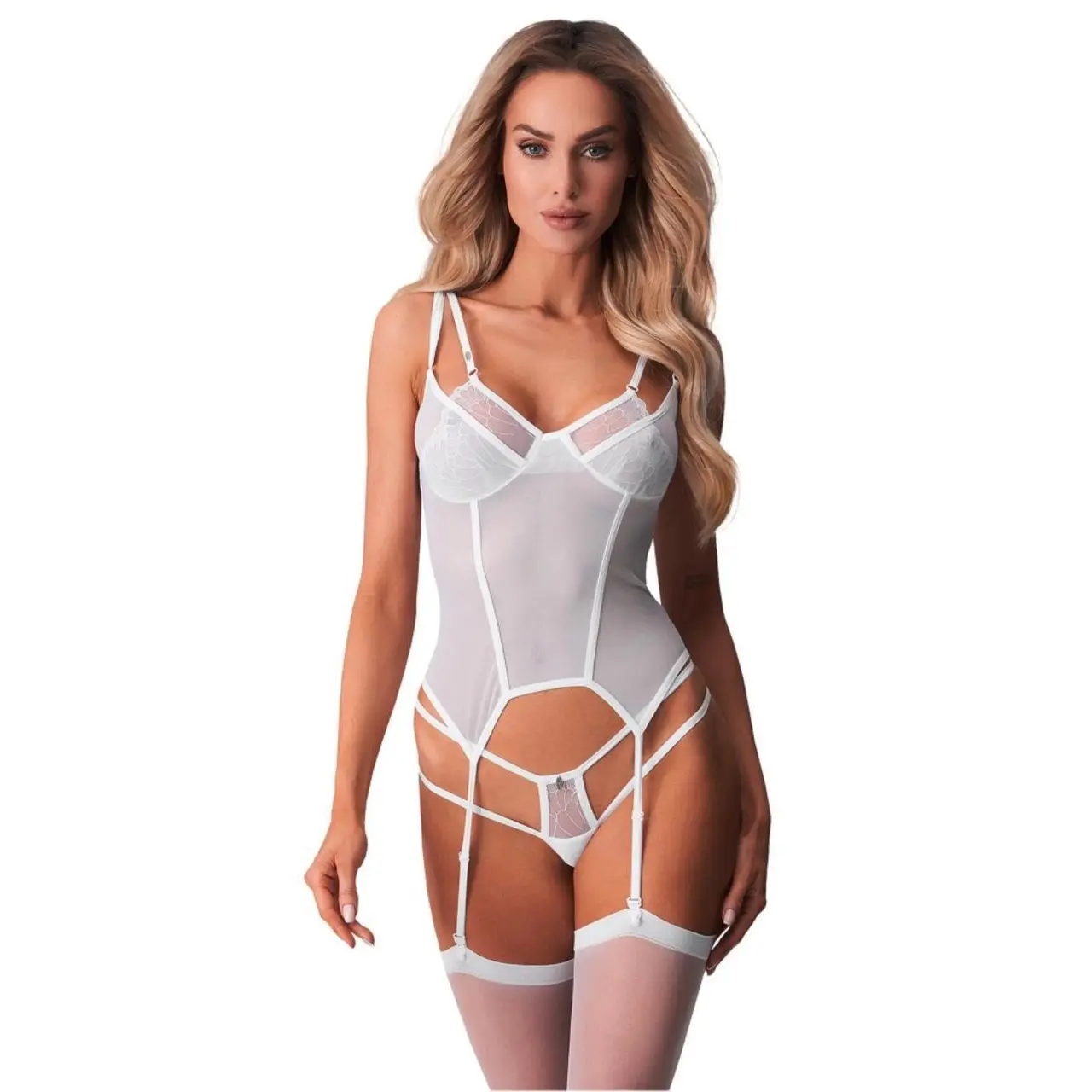Obsessive Arrowel Basque S/M biały z koronką, regulowane ramiączka