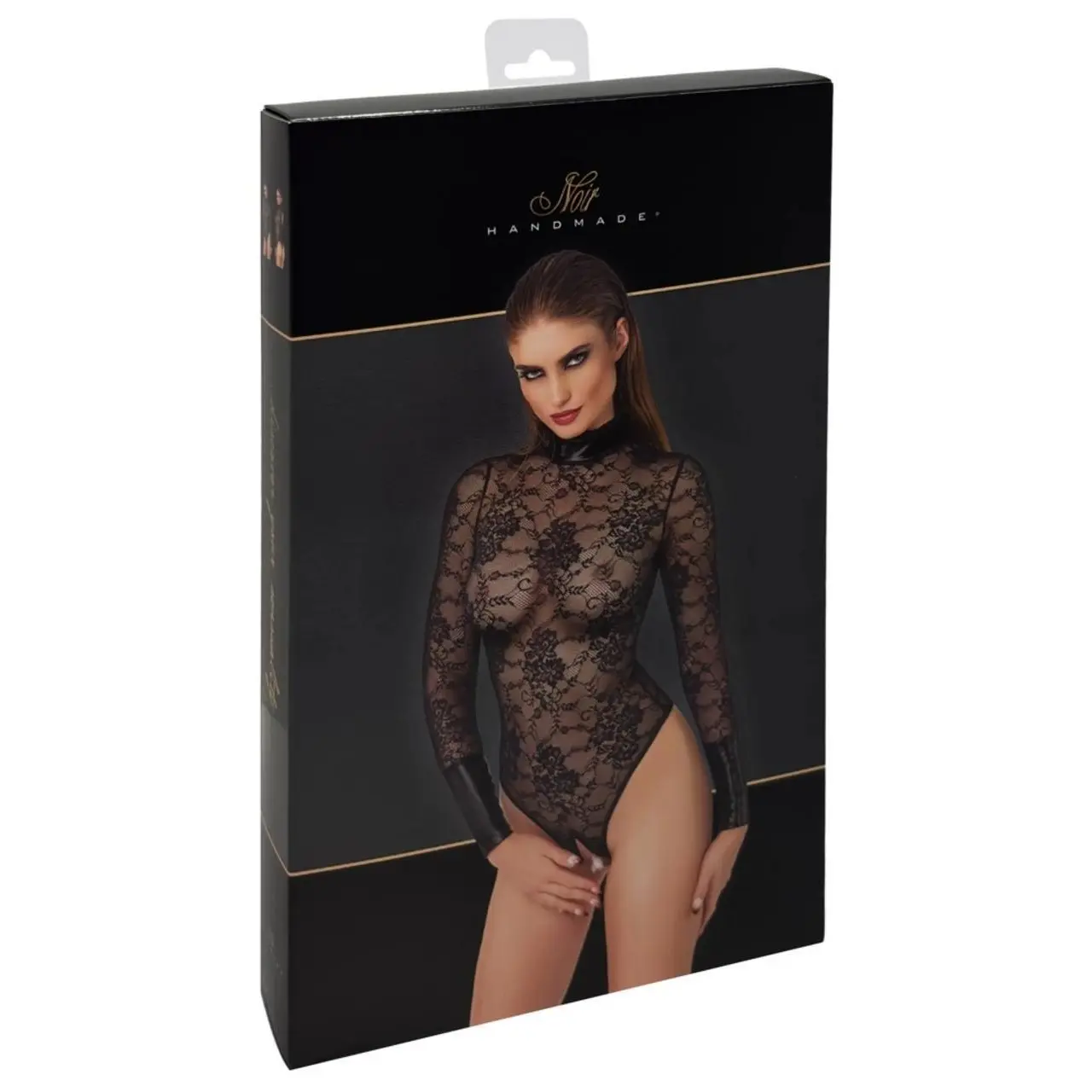 Noir Handmade Body z Kołnierzem L, Koronka i Powerwetlook, Czarny