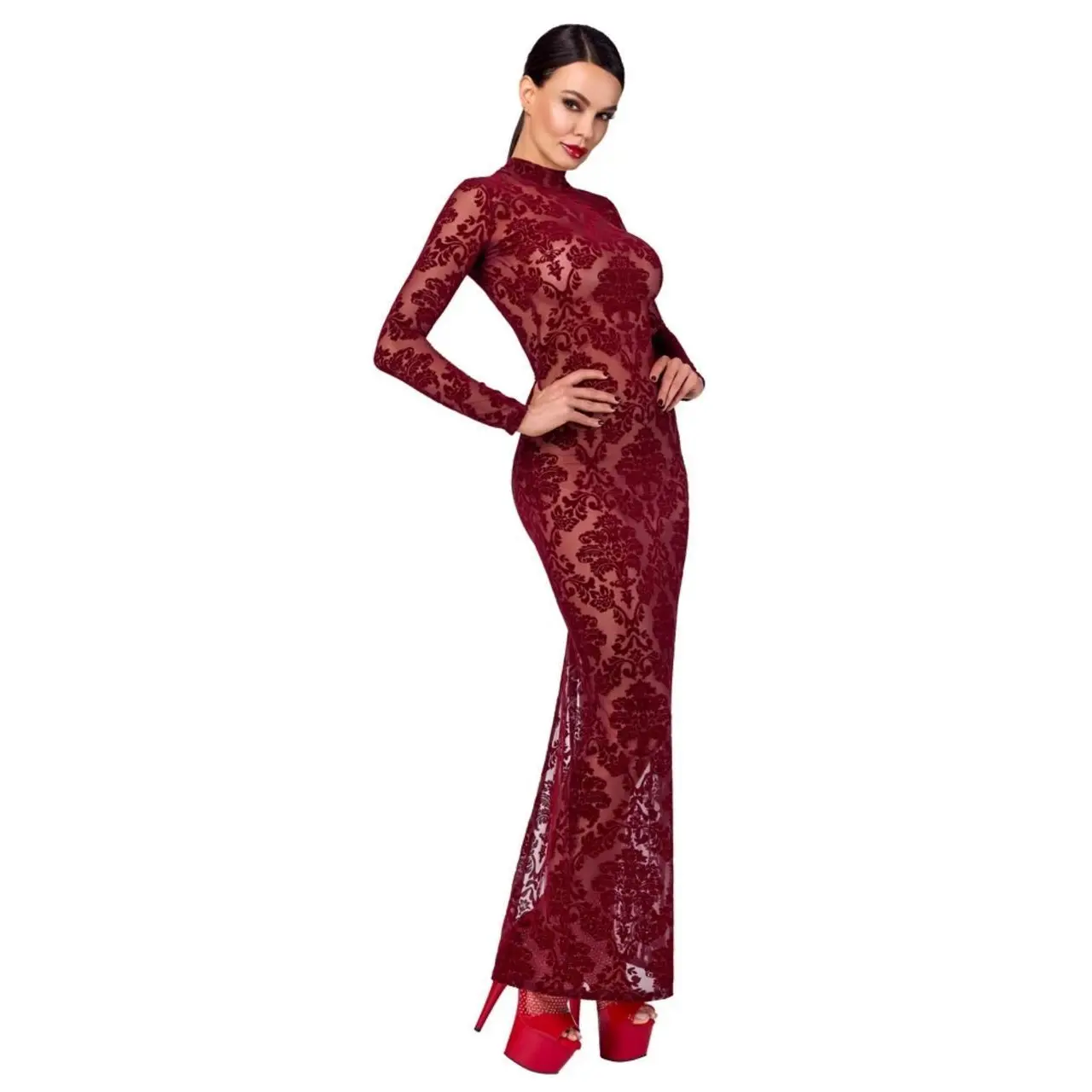 Noir Handmade Kink Royal długa sukienka bordowa z welurowym wzorem S