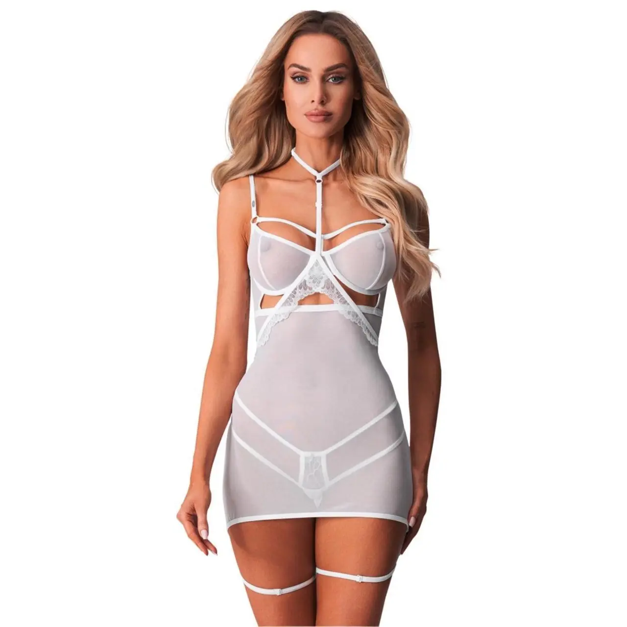 Obsessive Arrowel Chemise biała 2XL/3XL z koronką i paskami