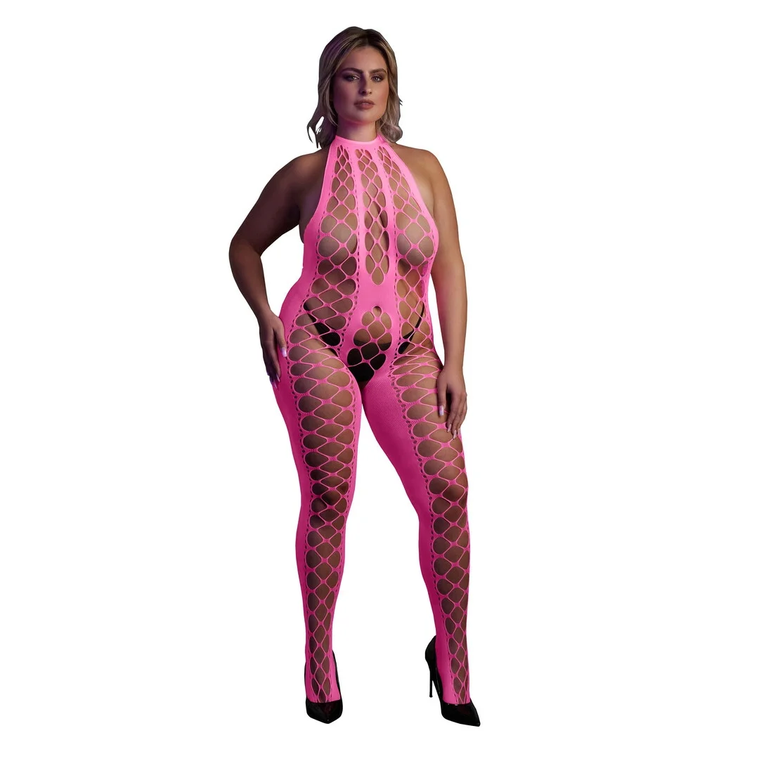 Ouch! by Shots Bodystocking Neon XL/XXXXL z dekoltem V, UV aktywacja