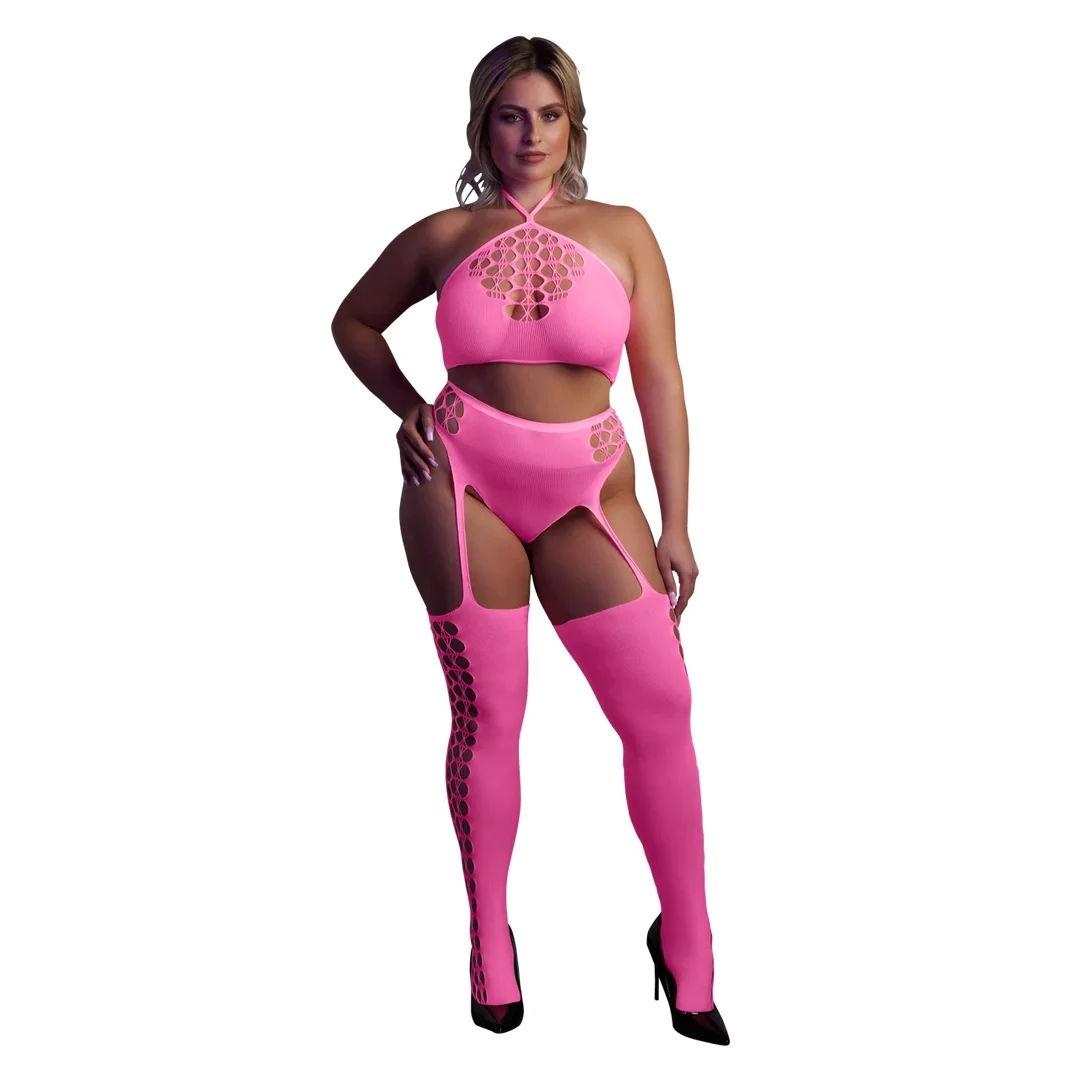 Ouch! Neon Body dwuczęściowe z topem i pończochami XL-XXXXL rożowe