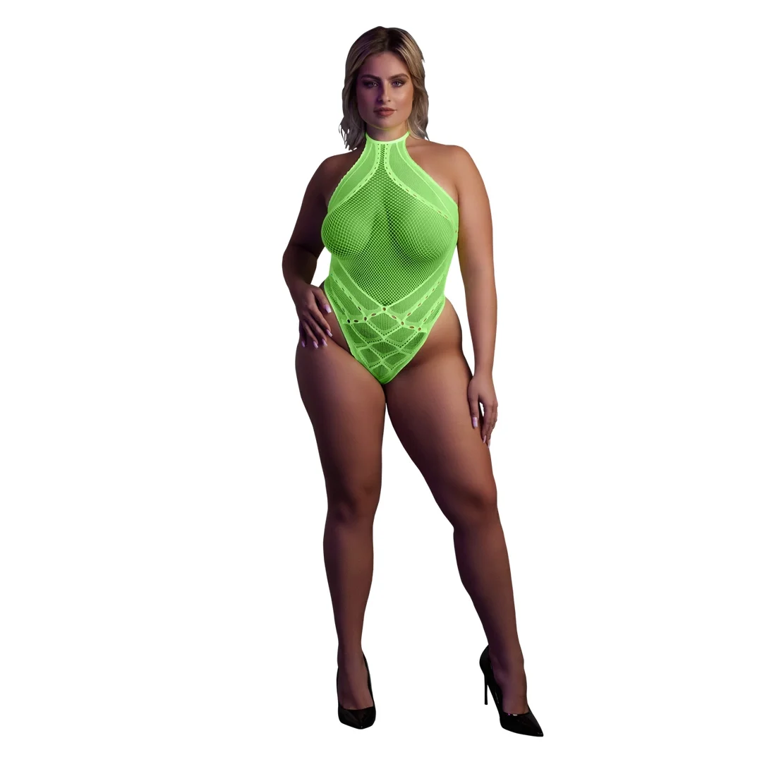 Ouch! Neon Body z dekoltem w szpic XL-XXXXL aktywowane UV roż