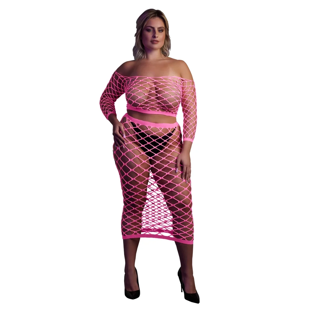 Ouch! Neonowy komplet top i spodnica UV XL-XXXXL rożowo-zielony