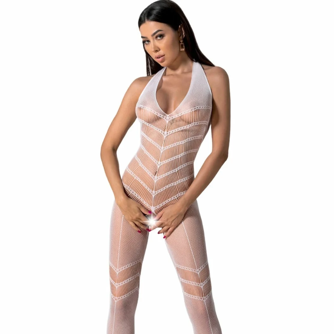 Passion BS100 Bodystocking Biały Uniwersalny - Elastyczna Siatka i Koronka