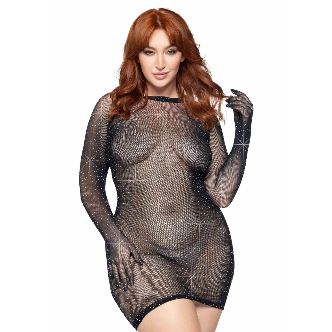 Plus Rhinestone Fishnet Gloved Mini Dress z rękawiczkami, czarna XL/2XL