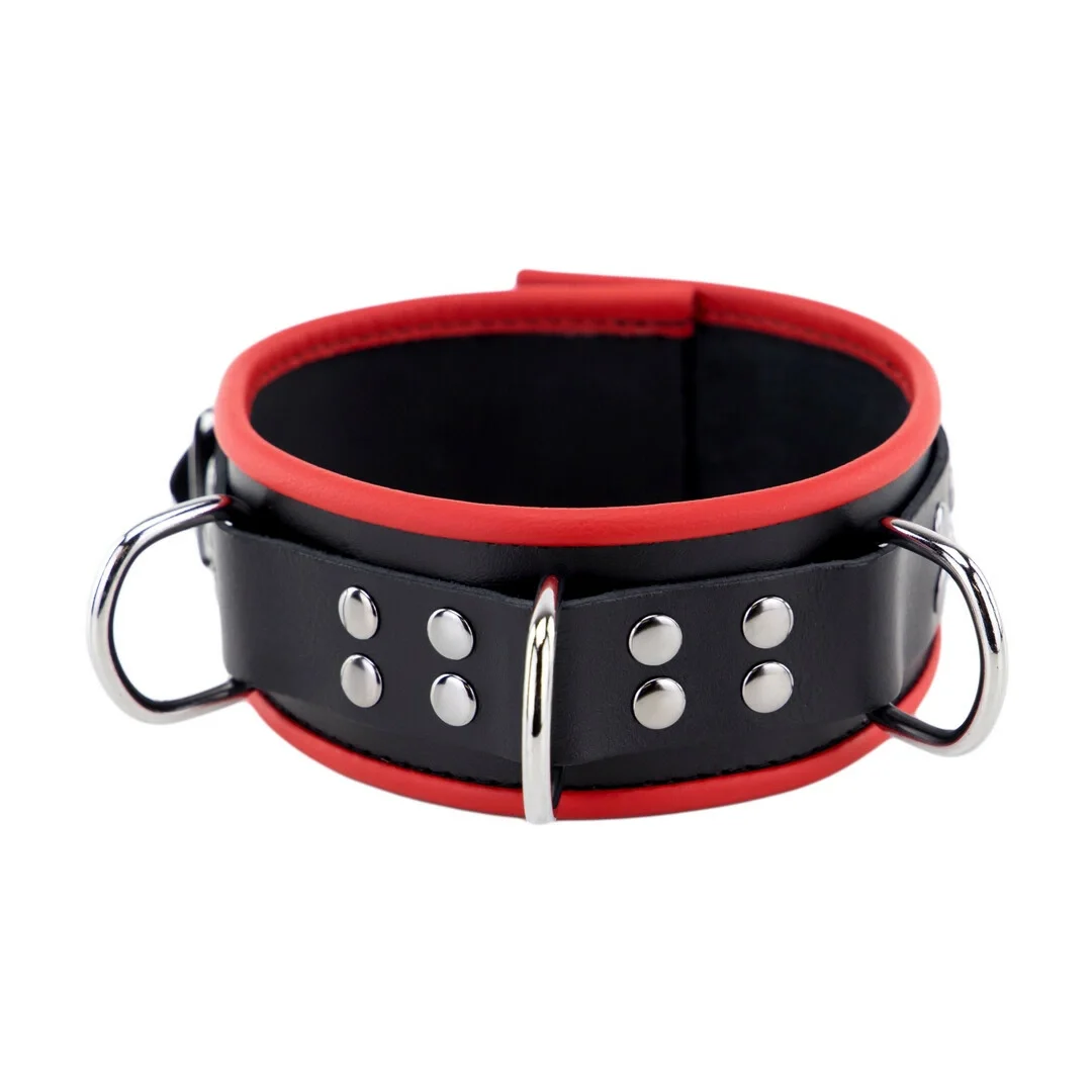 Red Leather skorzany naszyjnik z 3 metalowymi pierścieniami, czerwono-czarny