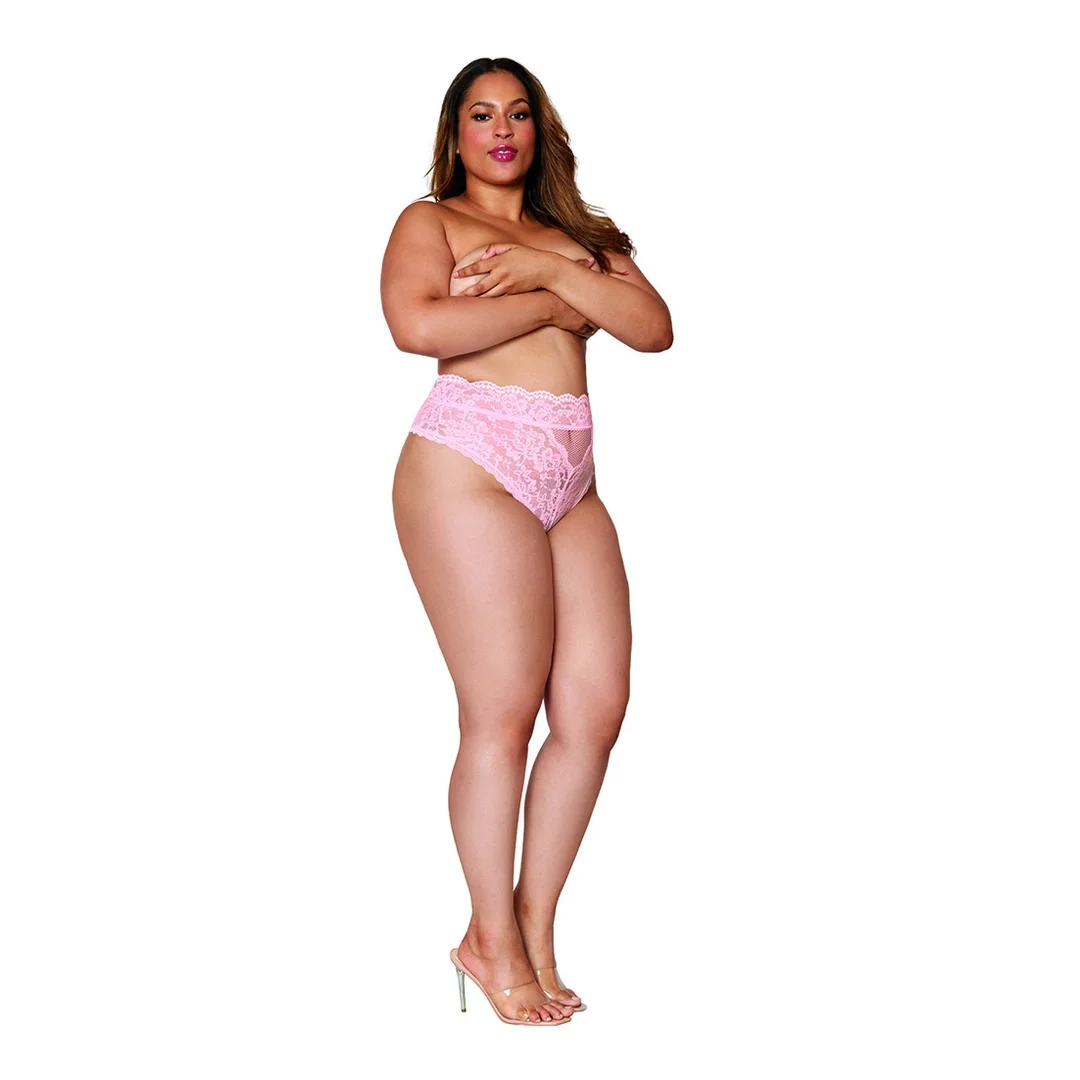 Rene Rofe High Waisted Lace Panty 1X rożowe z ażurowym wykończeniem
