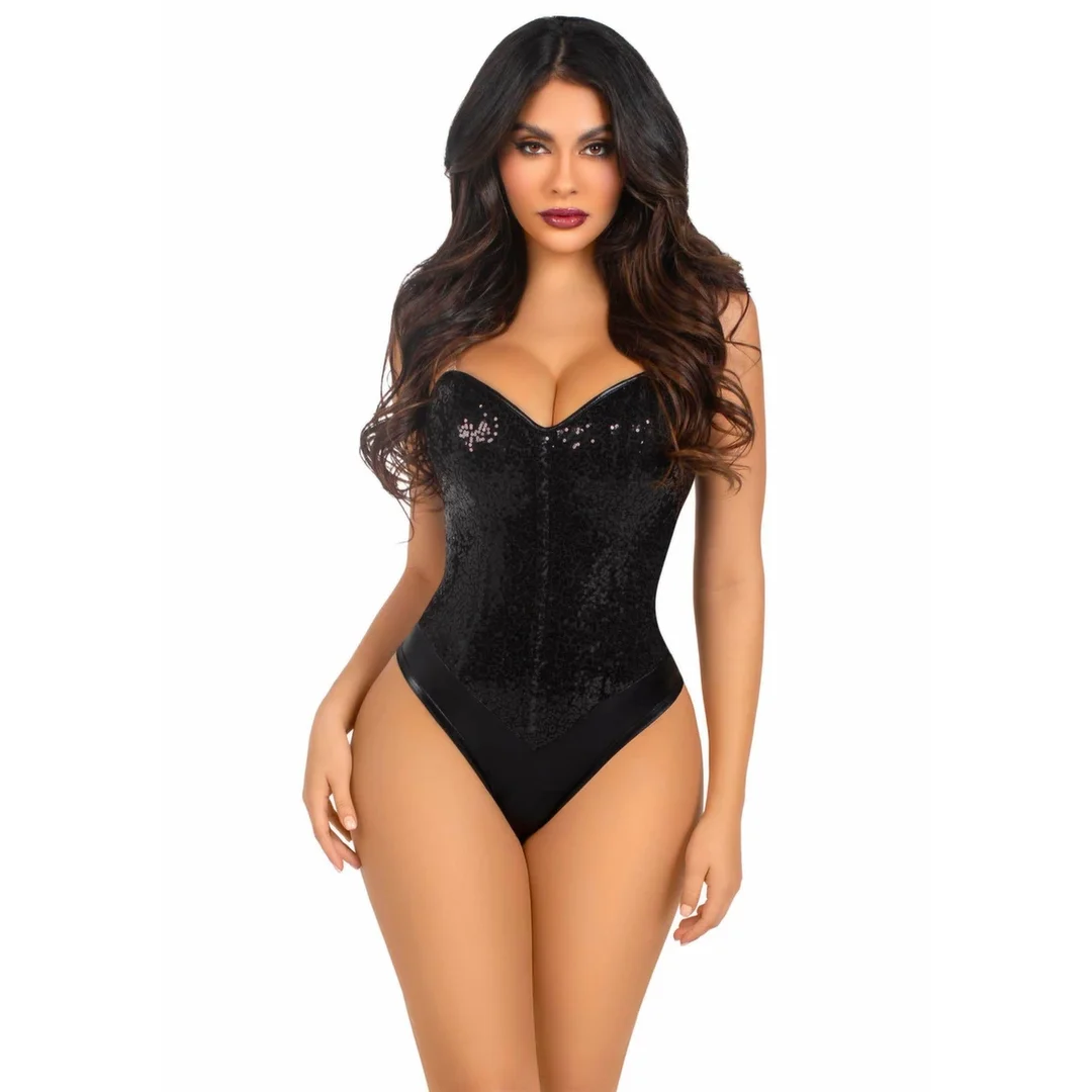 Sequin Boned Crotch Bodysuit - połyskujący gorset z cekinami, snap crotch