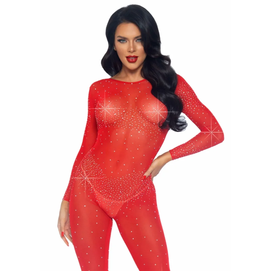 Sheer Rhinestone Catsuit - Transparentny kombinezon z kryształkami, długi rękaw S