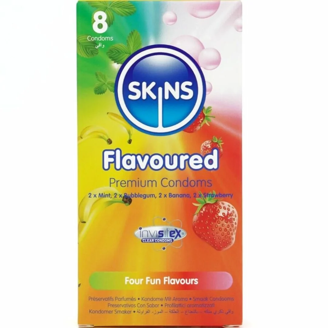 Skins Premium Mix Smakow Prezerwatywy 8 szt. banan, mięta, truskawka, guma