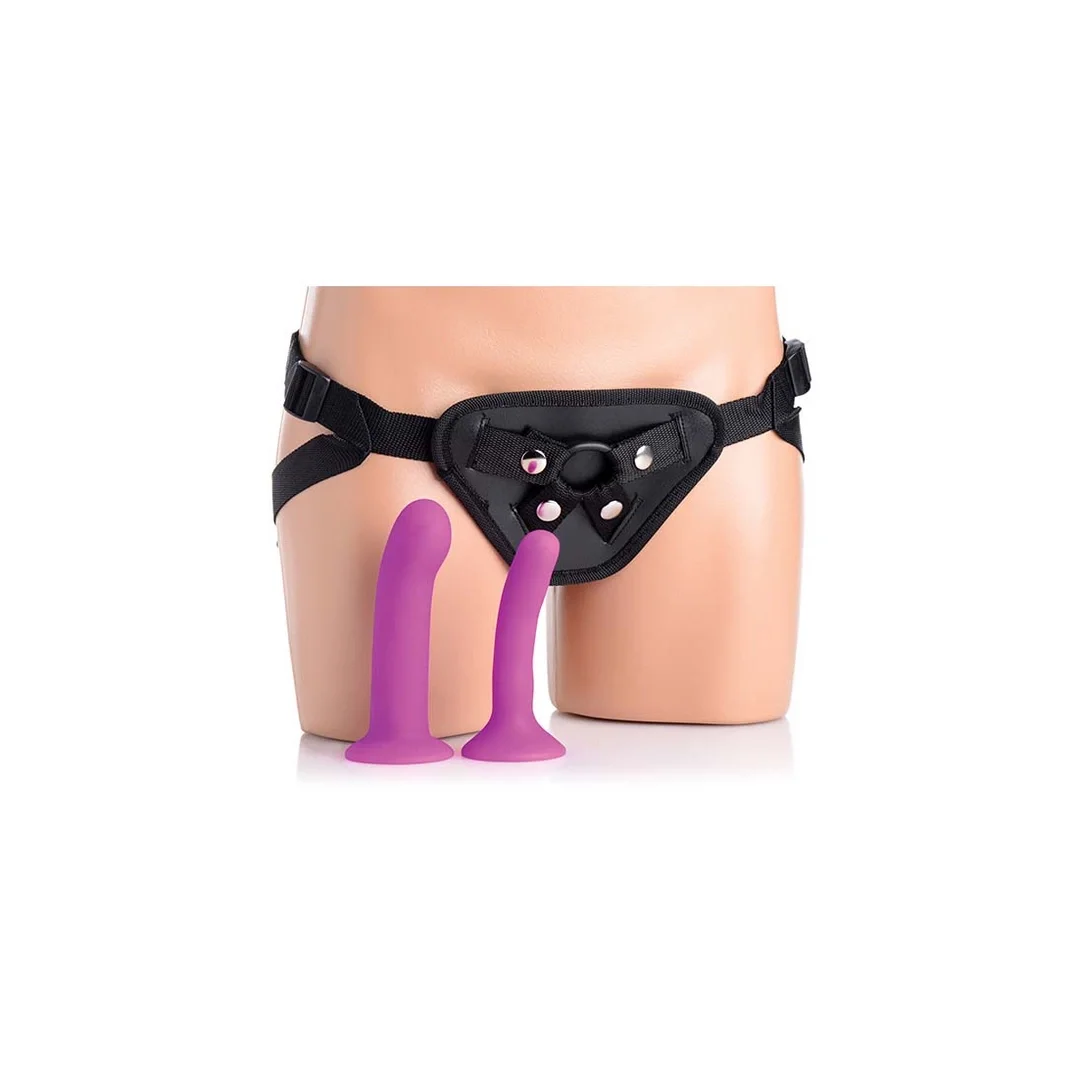 XR Brands Strap-On z dwoma nasadkami i funkcją wibracji, fioletowy