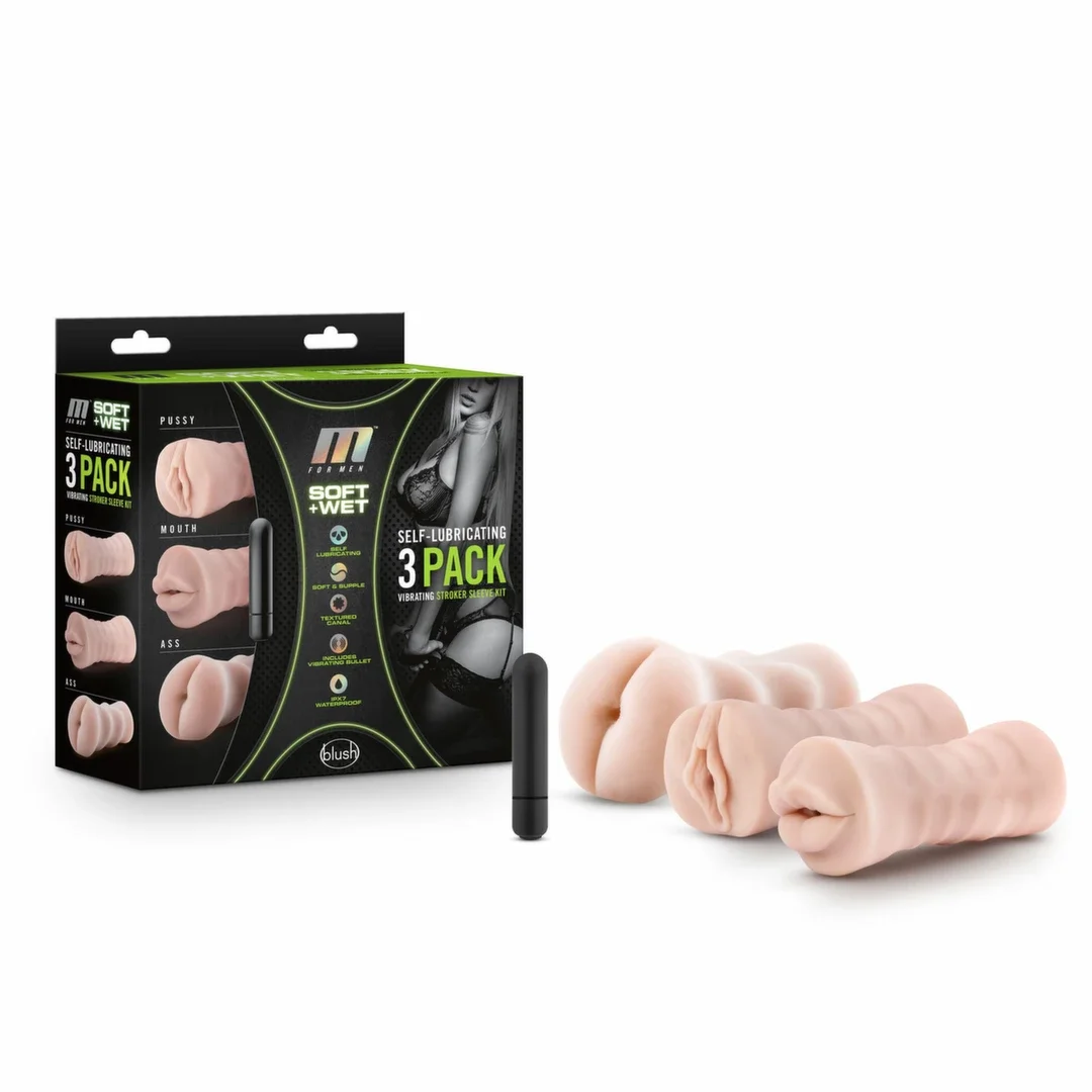 Blush M for Men Zestaw 3 Rękawow Intymnych z Wibracją, Samonawilżające — zdjęcie 3