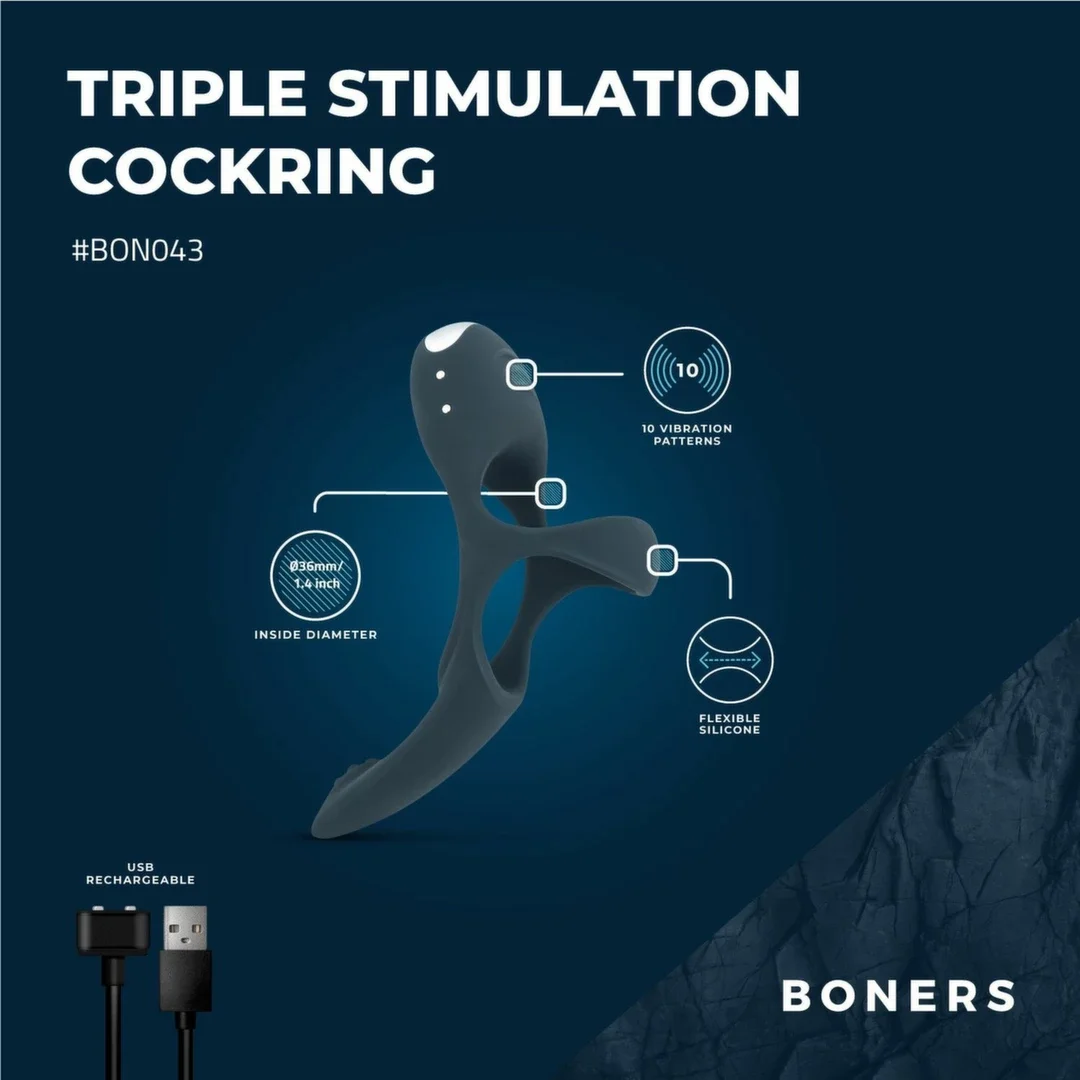 Boners Triple Ring Blue - Anatomiczny Pierścień Wibrujący 3w1, silikonowy