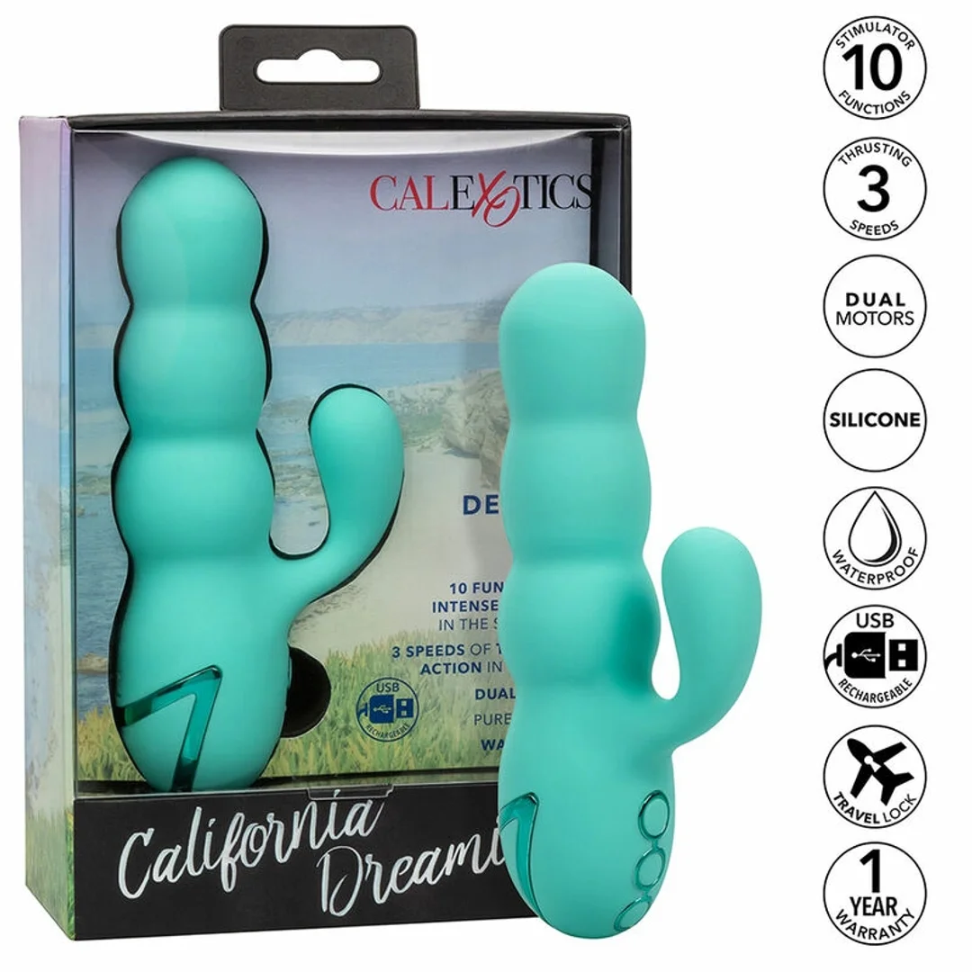 CalExotics California Dreaming Del Mar Diva Aqua Green - podwojny masażer z funkcją pchania — zdjęcie 2