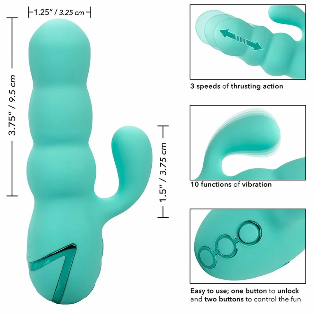 CalExotics California Dreaming Del Mar Diva Aqua Green - podwojny masażer z funkcją pchania — zdjęcie 9