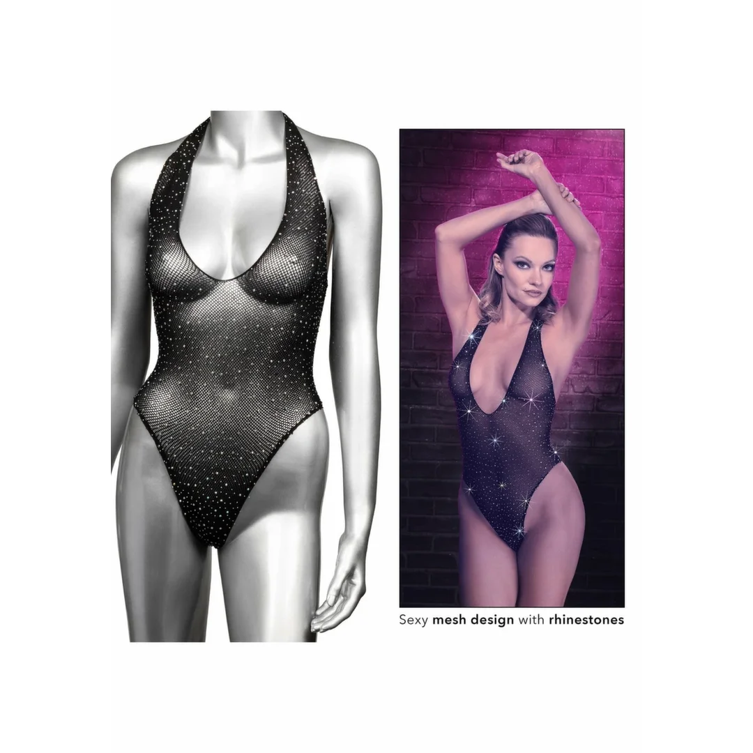 CalExotics Radiance Deep V Bodysuit - siateczkowy kostium z kryształkami, uniwersalny — zdjęcie 2