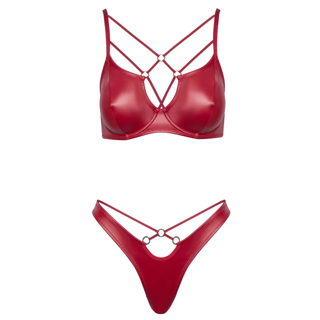 Cottelli Lingerie 80B/M - Komplet Bielizny Wet Look, Czerwony, Fiszbin, Paseczki — zdjęcie 6