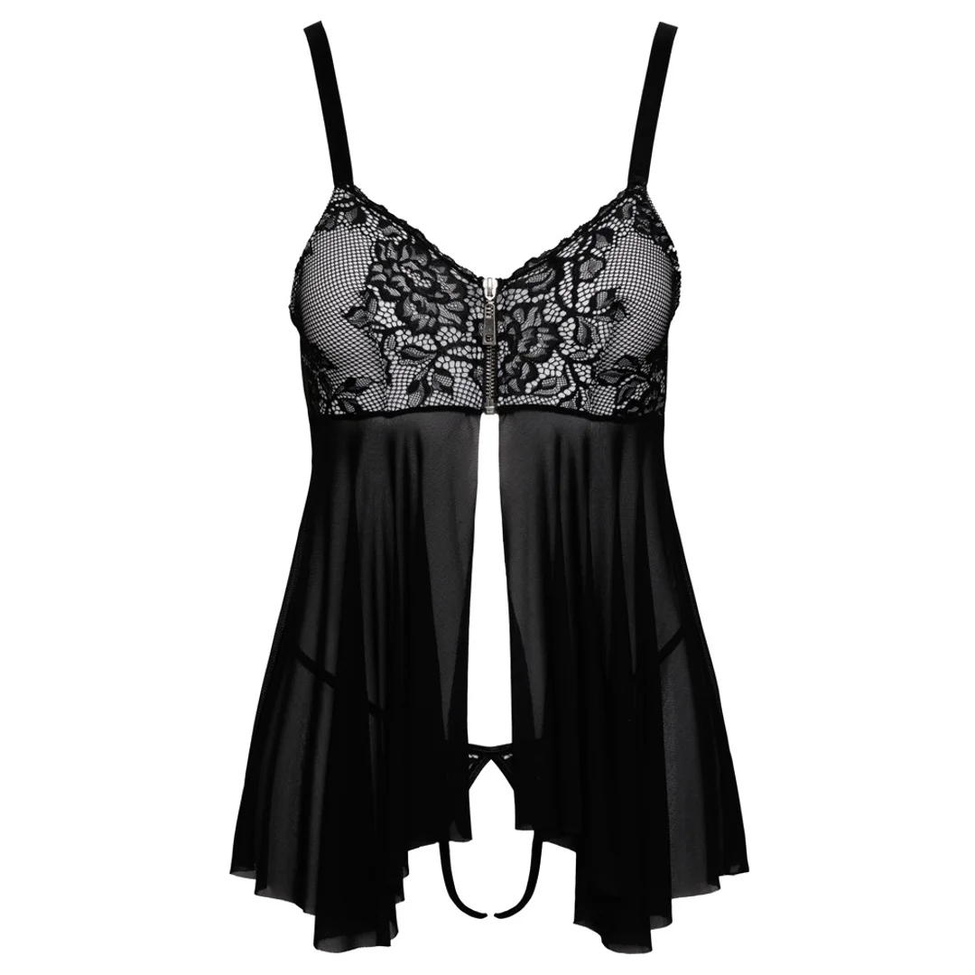 Cottelli LINGERIE babydoll z koronką i zamkiem, komplet S czarny — zdjęcie 8