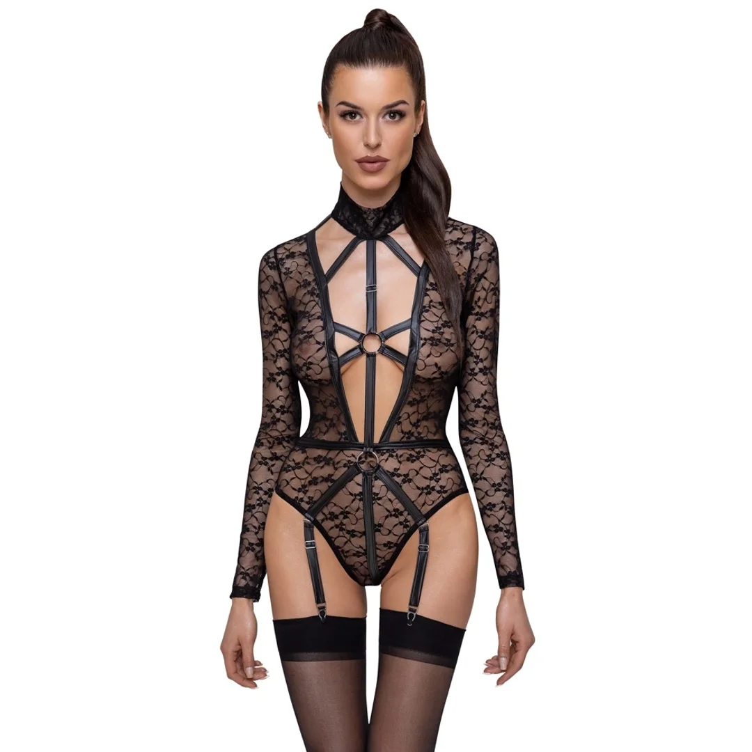Cottelli LINGERIE Body Koronkowe Czarny XL Długi Rękaw Uprząż — zdjęcie 2