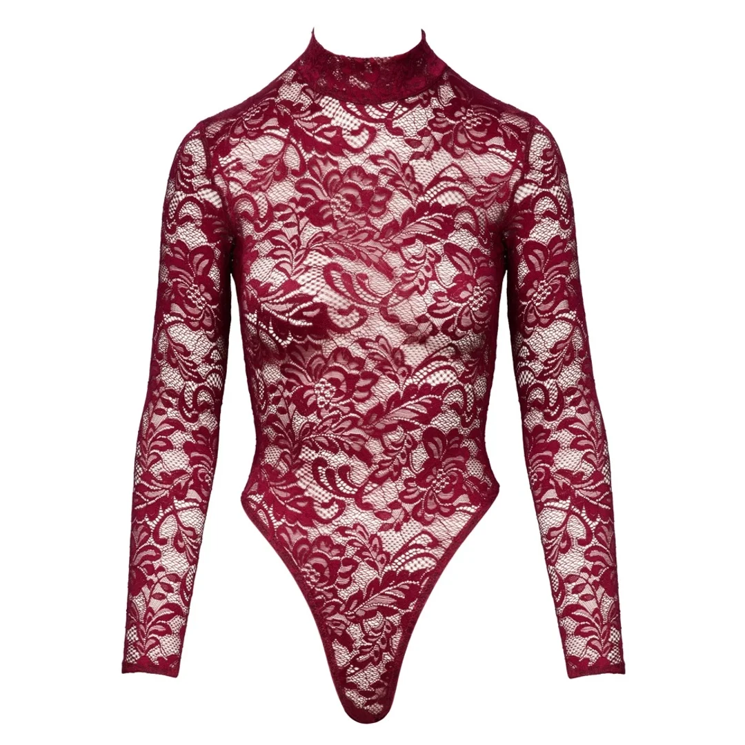 Cottelli Lingerie Body Koronkowe z Długim Rękawem Bordowe M — zdjęcie 5