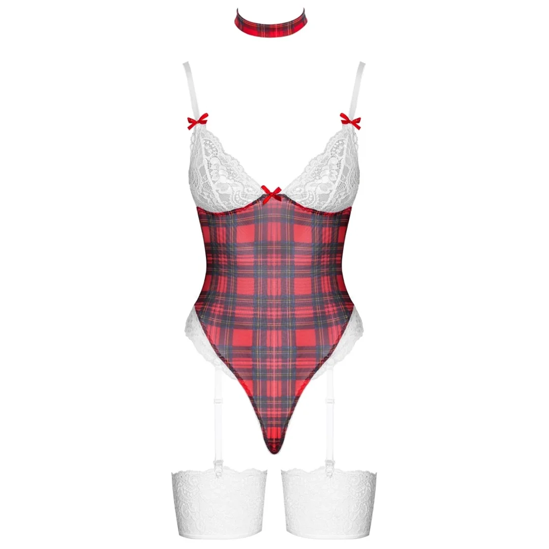 Cottelli Lingerie Body Plaid - koronkowy komplet z chokerem XL — zdjęcie 5