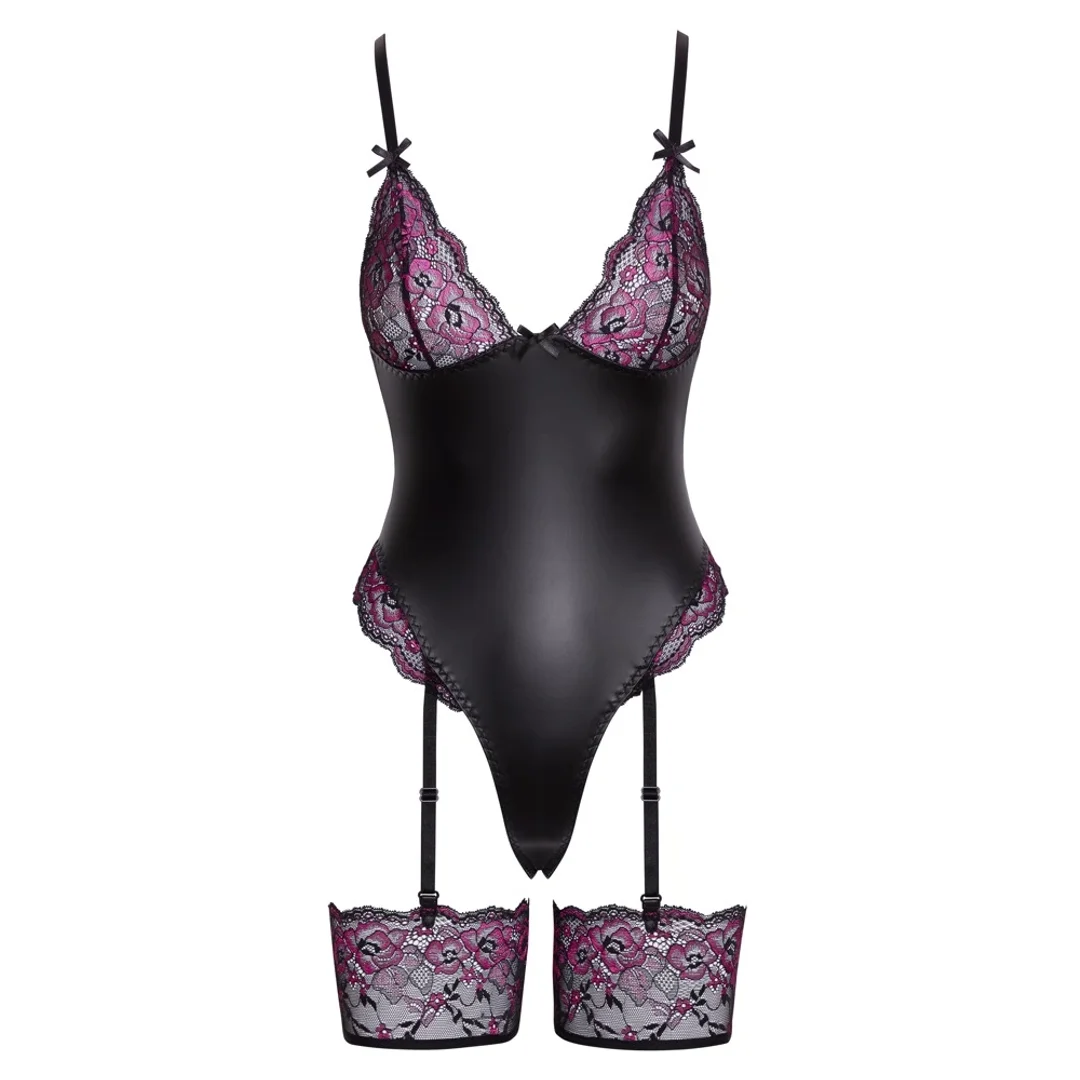 Cottelli Lingerie Body z odpinanymi pasami i koronką czarny/rożowy S — zdjęcie 5