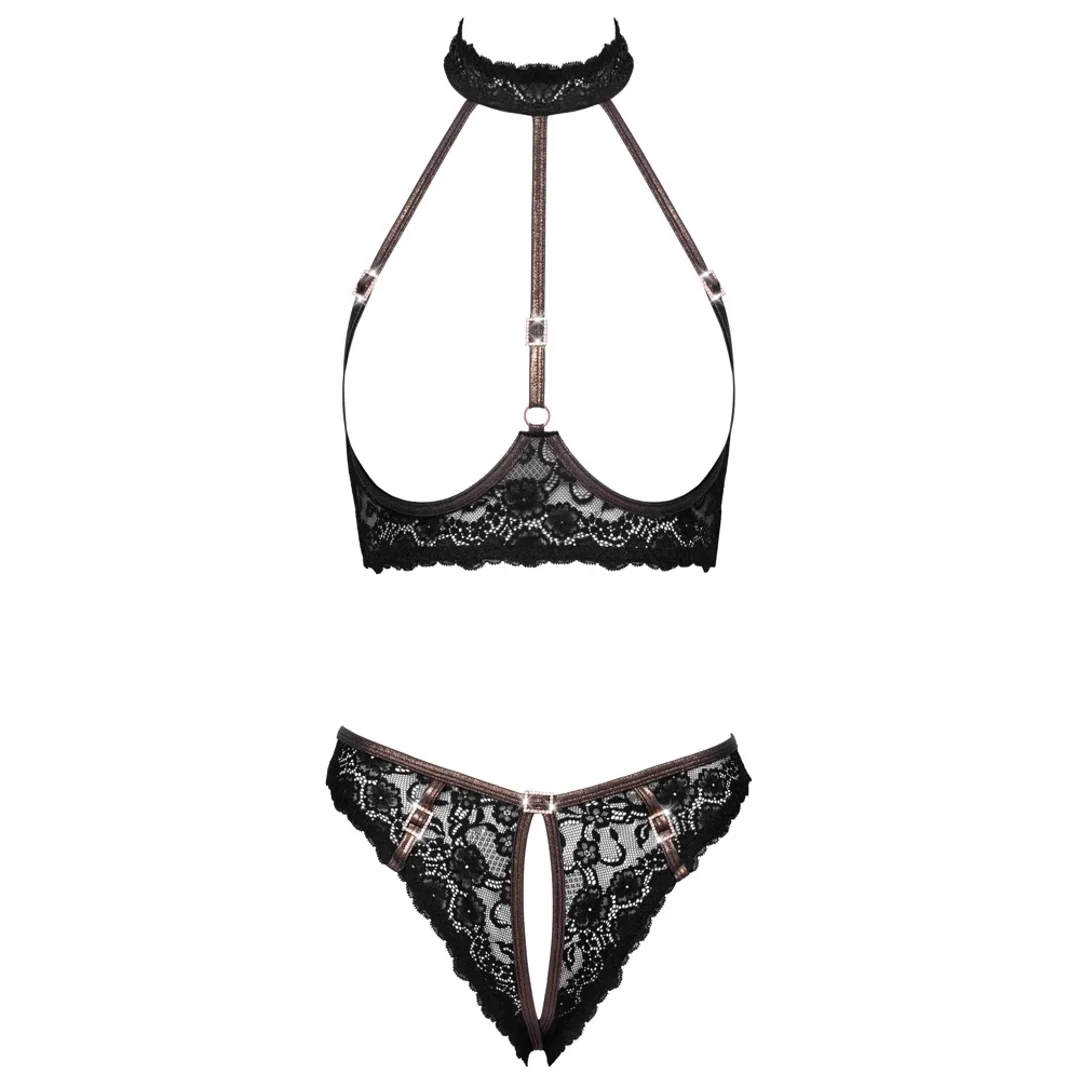 Cottelli LINGERIE Bra Set open S czarny koronkowy z ozdobnymi paskami — zdjęcie 6
