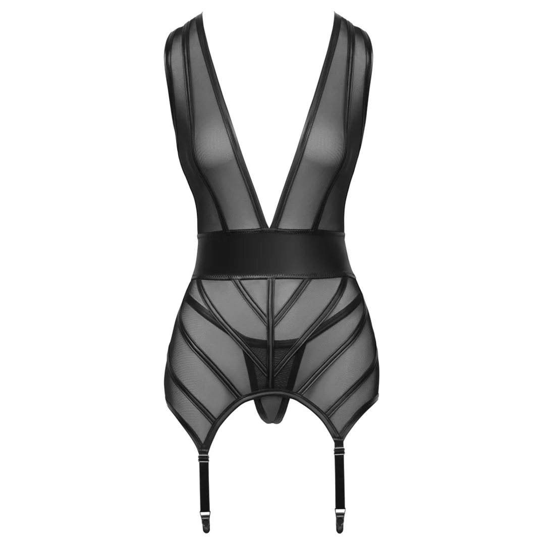 Cottelli LINGERIE Czarna koszulka z paskami do pończoch i stringami S — zdjęcie 7