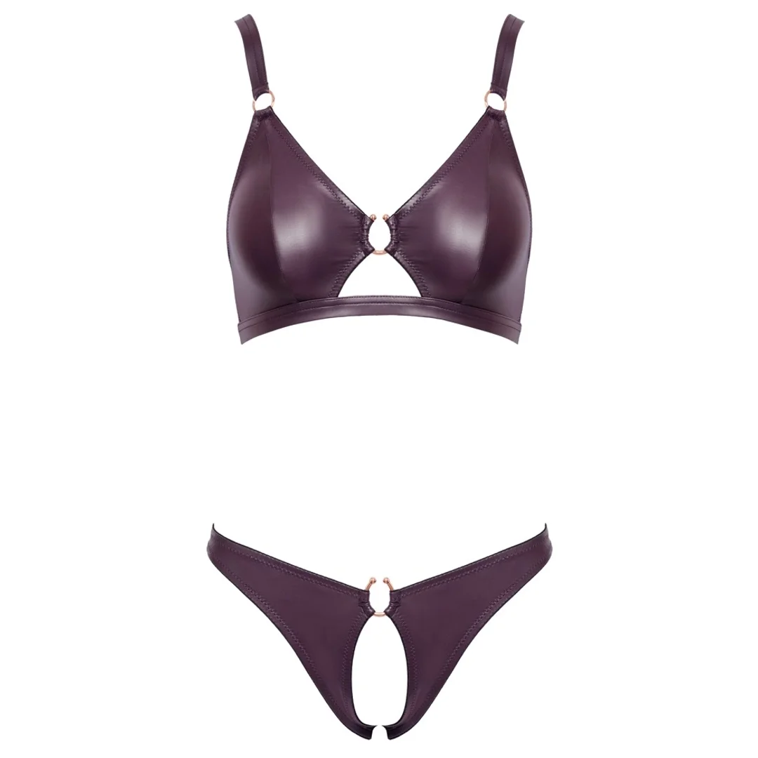 Cottelli Lingerie Fioletowy Komplet Wet Look M - Biustonosz i Otwarte Majtki — zdjęcie 7