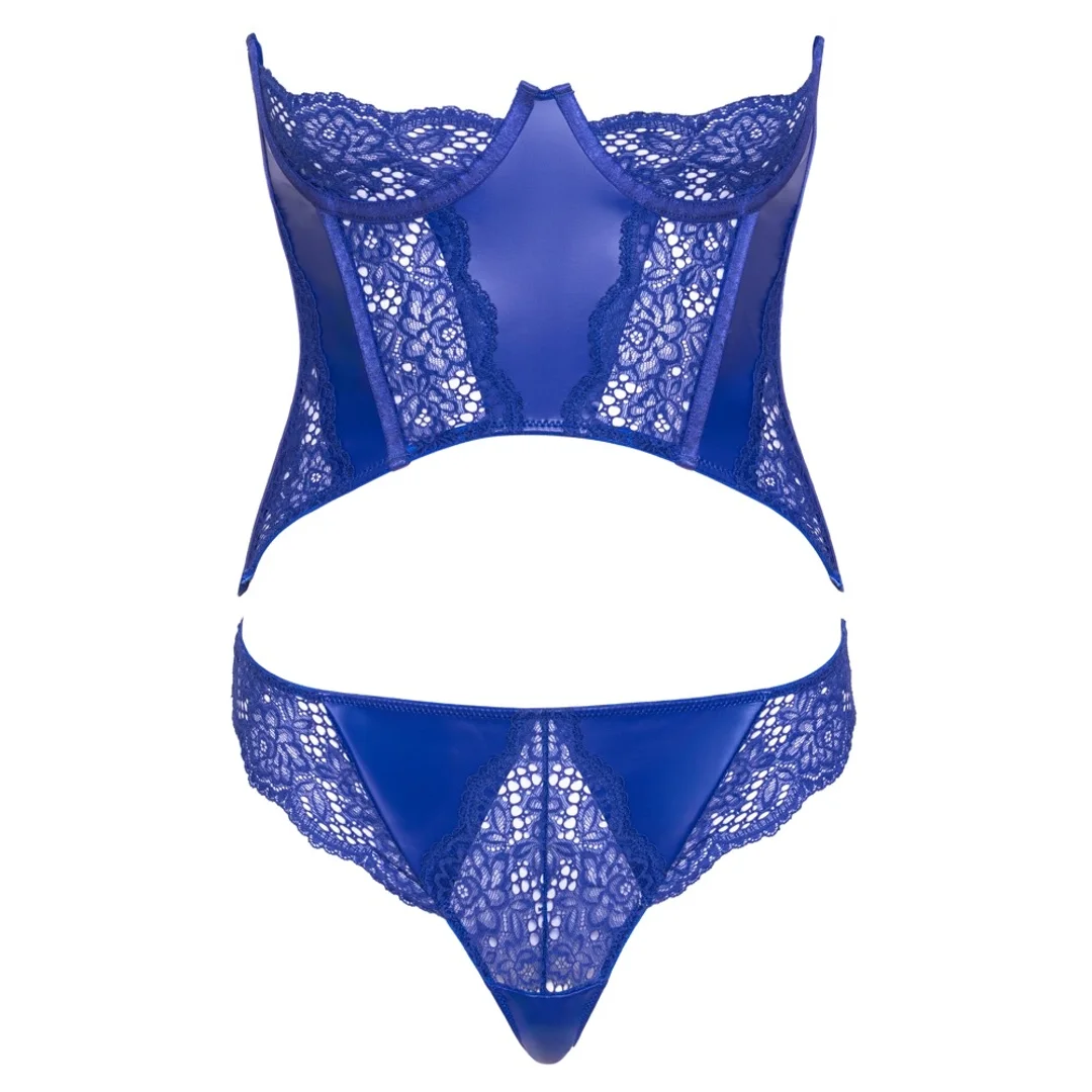 Cottelli Lingerie - Gorset damski niebieski z koronką i stringami XL — zdjęcie 6