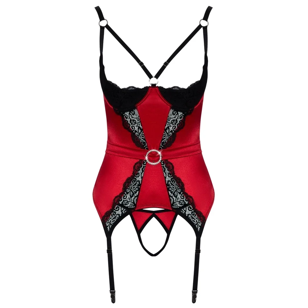 Cottelli LINGERIE Haleczka satynowa z paskami M czerwona z czarną koronką — zdjęcie 6