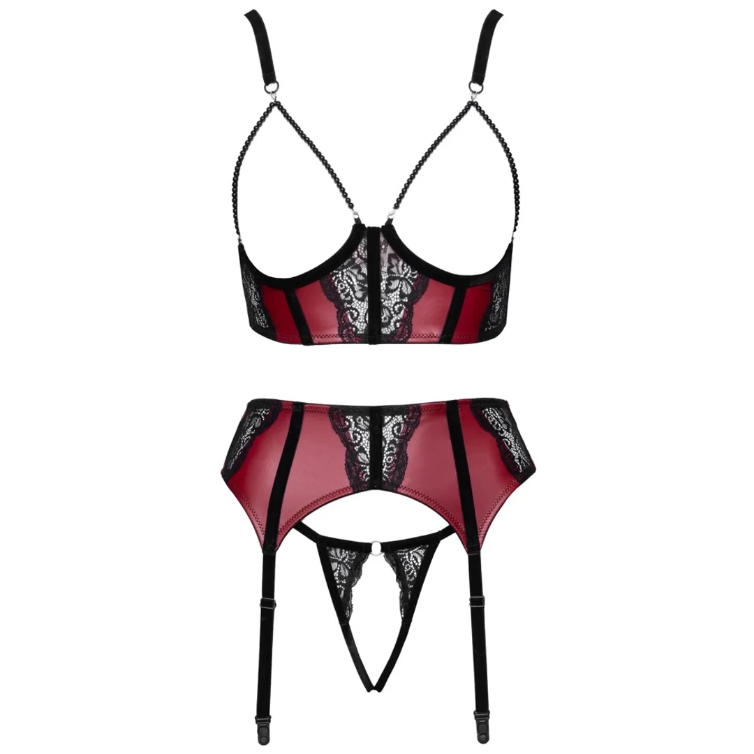 Cottelli LINGERIE komplet 3-częściowy S ciemnoczerwony z czarną koronką — zdjęcie 6