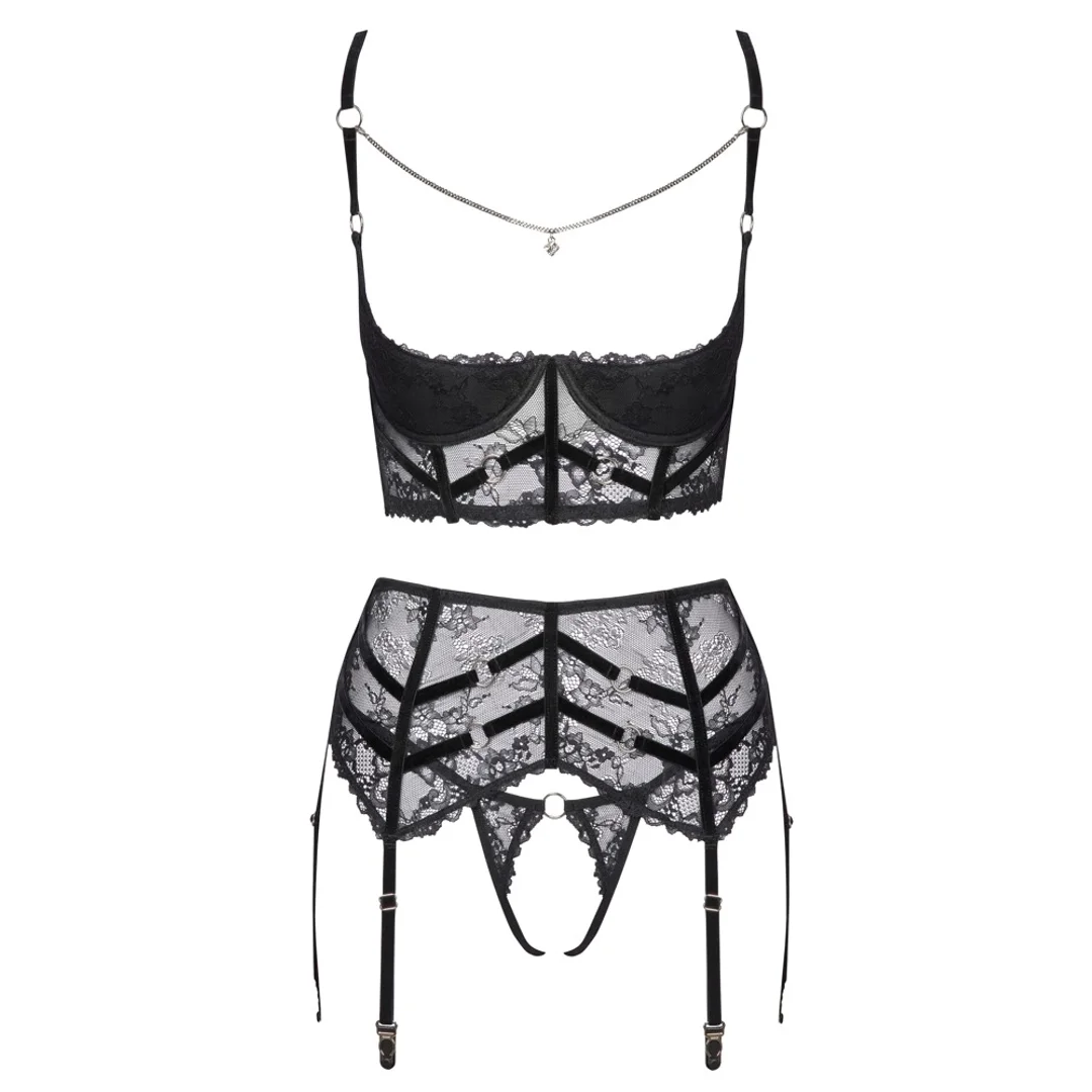 Cottelli Lingerie komplet koronkowy 3-częściowy czarny 90B/XL — zdjęcie 7