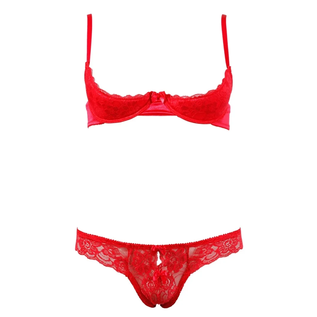 Cottelli Lingerie komplet koronkowy biustonosz bez miseczek i stringi czerwone 80B/M — zdjęcie 4