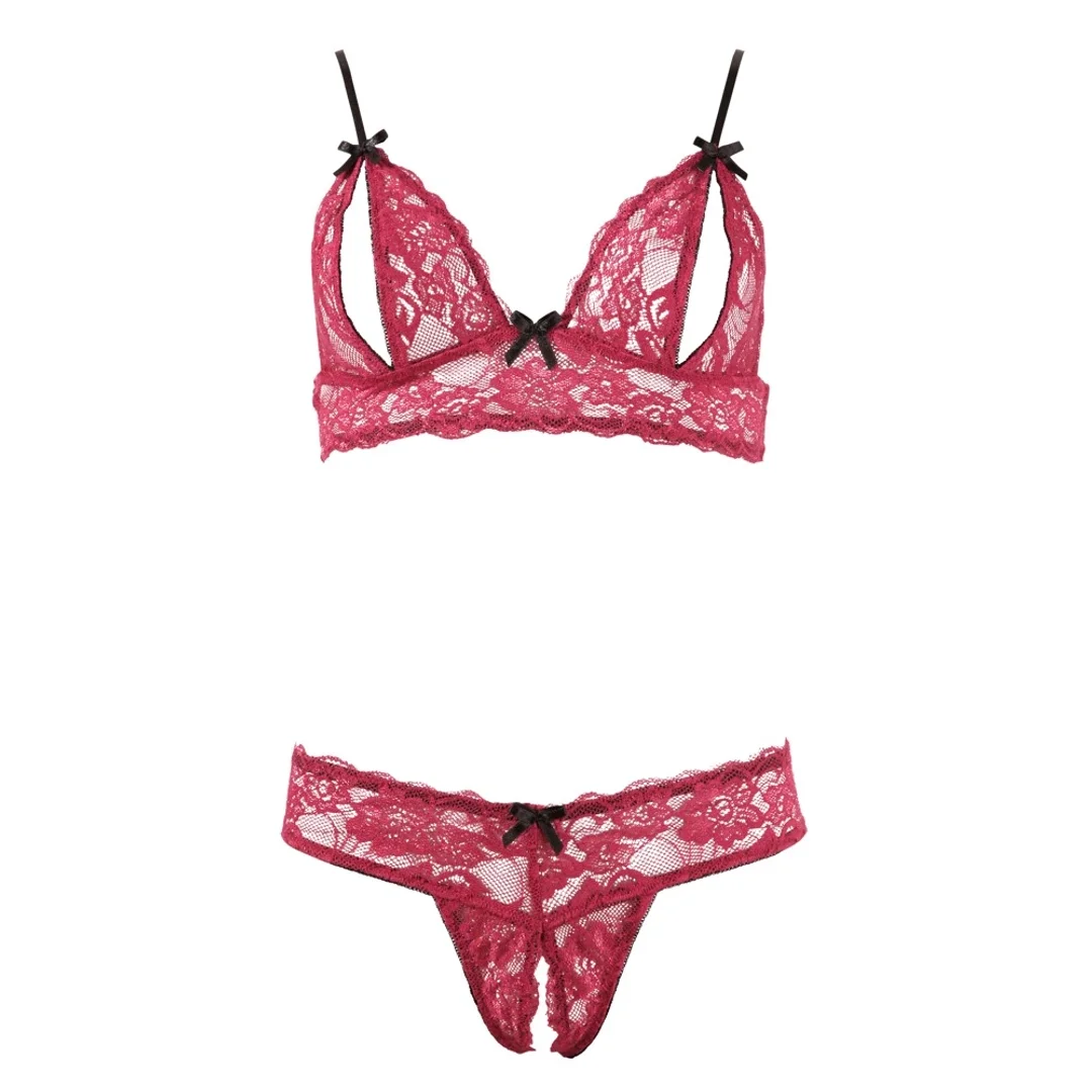 Cottelli Lingerie komplet koronkowy czerwony otwarty biustonosz + stringi M — zdjęcie 7