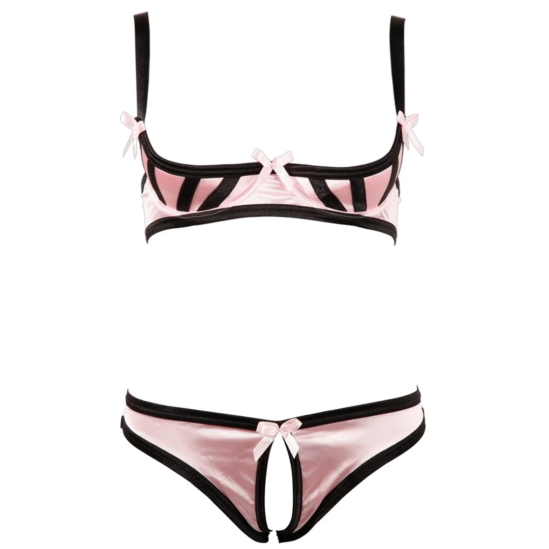 Cottelli Lingerie komplet satynowy rożowy 85B/L bez miseczek i z otwartymi figami — zdjęcie 4