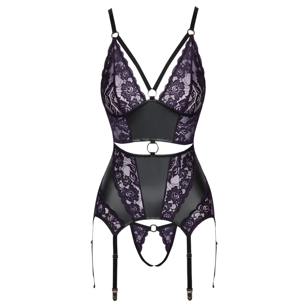Cottelli Lingerie Top matowy z koronką i stringi bez zapięcia, czarny S — zdjęcie 7