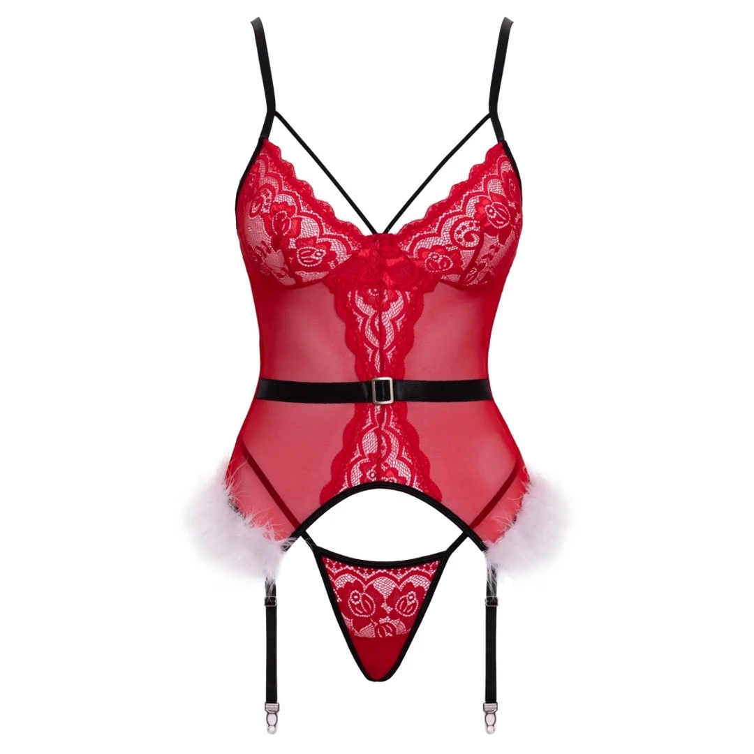 Cottelli Lingerie X-Mas Basque - czerwony komplet z koronką i piorami S/M — zdjęcie 4
