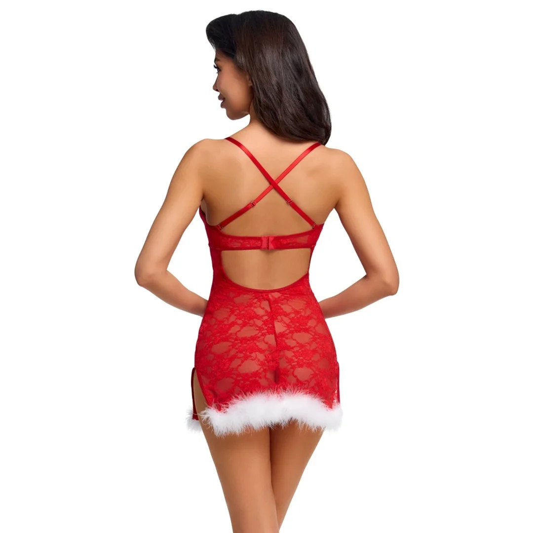 Cottelli LINGERIE X-Mas Chemise z czerwonej koronki i piorkami S/M — zdjęcie 5