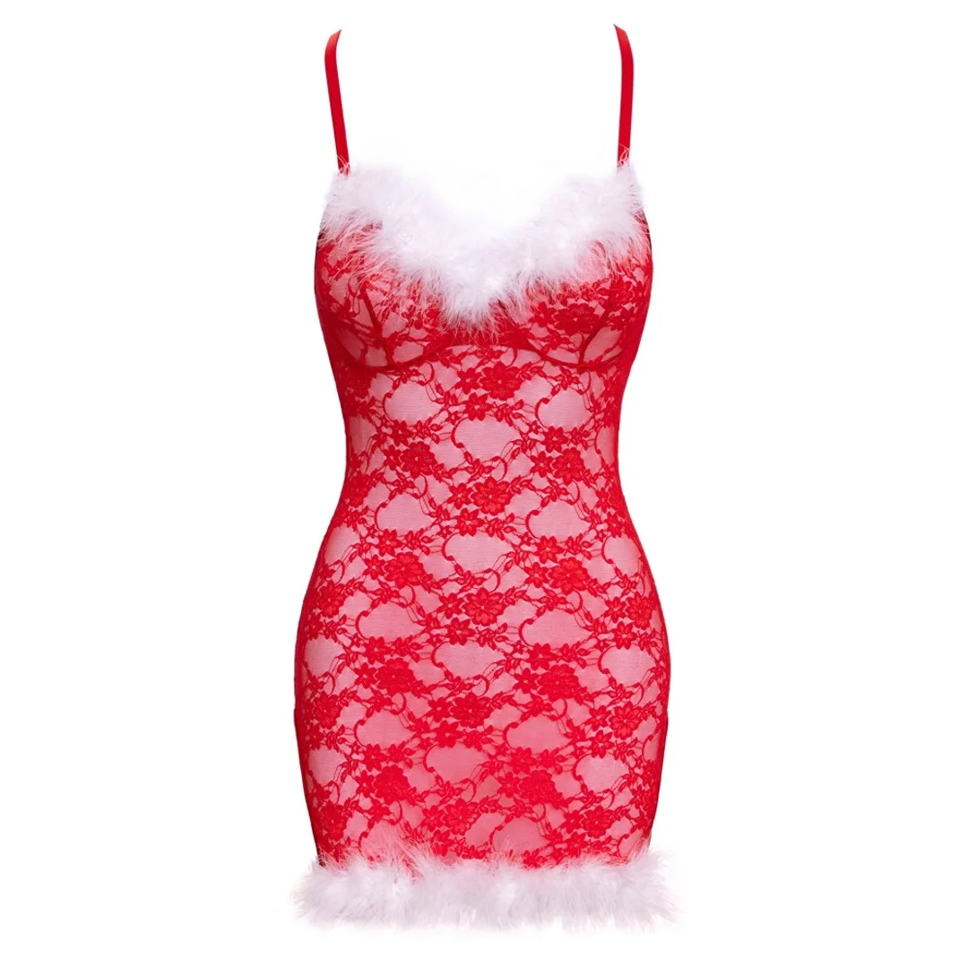 Cottelli LINGERIE X-Mas Chemise z czerwonej koronki i piorkami S/M — zdjęcie 6