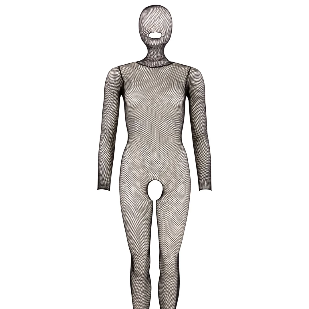 Fantasy Catsuit Mask S-L czarny siateczkowy kombinezon z maską — zdjęcie 5