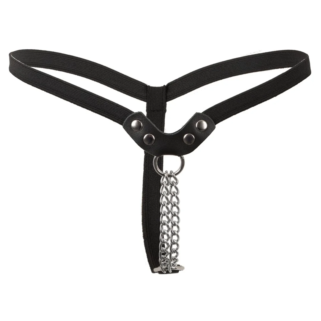 Fetish Collection skorzane stringi z metalowymi łańcuszkami, czarne — zdjęcie 4