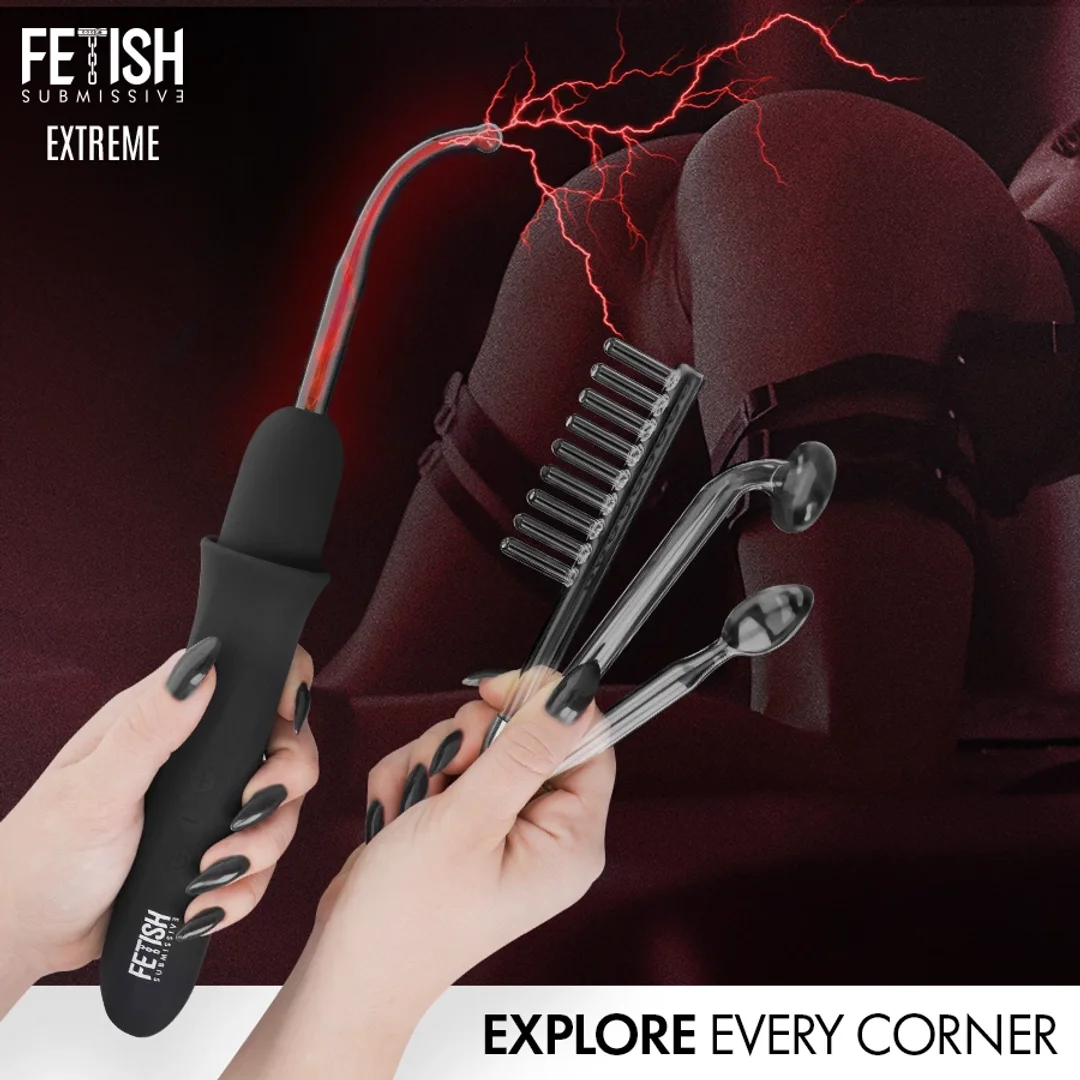 Fetish Submissive Wand elektrostymulujący, 6 poziomow, 4 końcowki, czarny — zdjęcie 3
