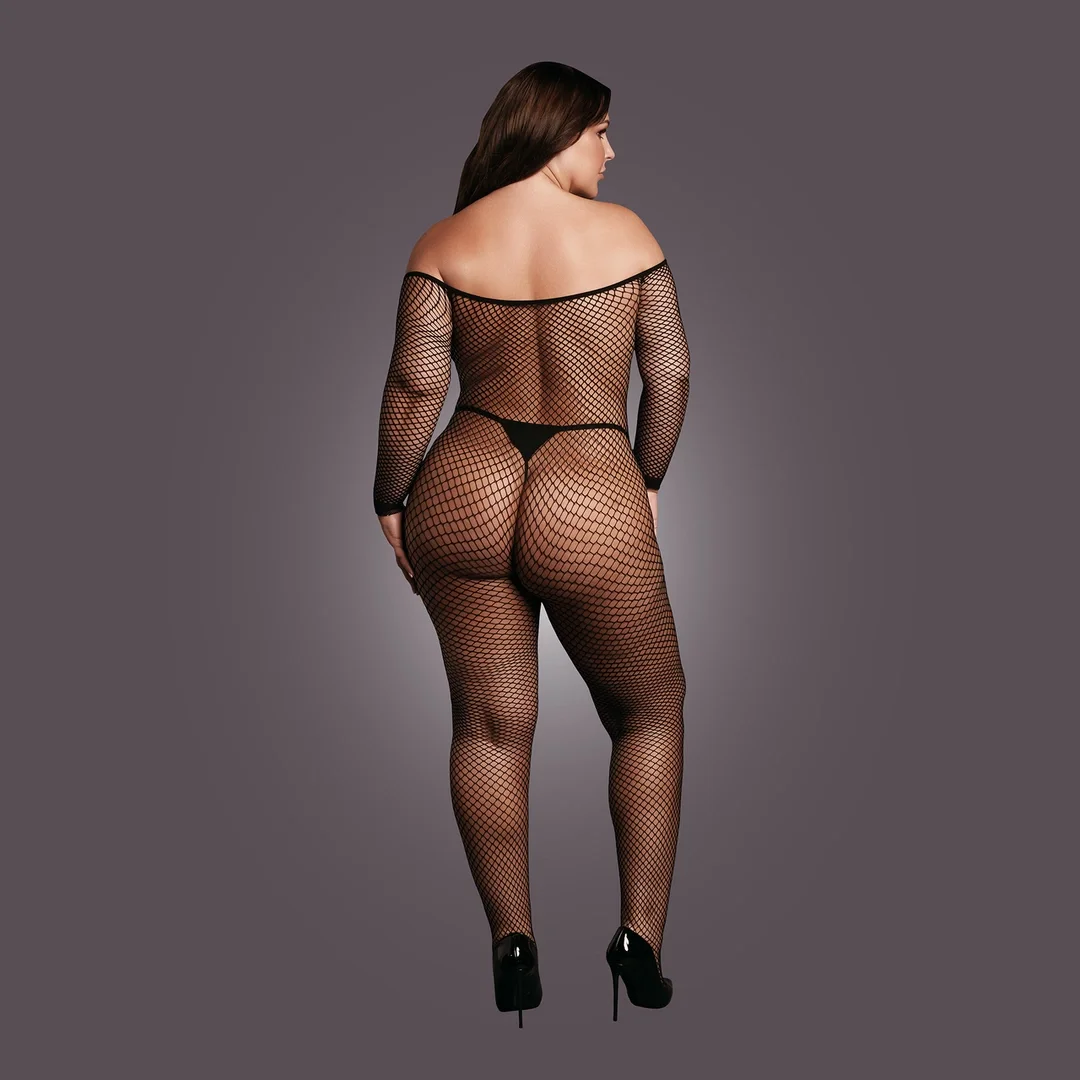 Le Desir Bodystocking XL-4XL z długim rękawem, siateczka, czarny — zdjęcie 6